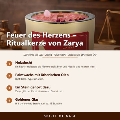 Übersicht zu Zarya Ritualkerze Feuer des Herzens: Holzdocht, Palmwachs mit ätherischen Ölen, Ein Stein gehört dazu, Goldenes Glas
