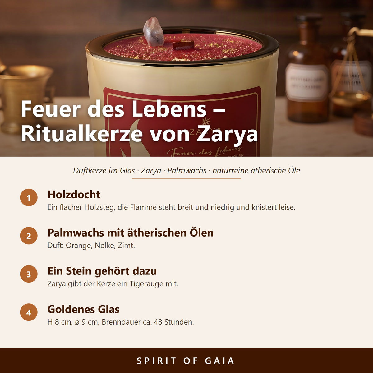 Übersicht zu Zarya Ritualkerze Feuer des Lebens: Holzdocht, Palmwachs mit ätherischen Ölen, Ein Stein gehört dazu, Goldenes Glas