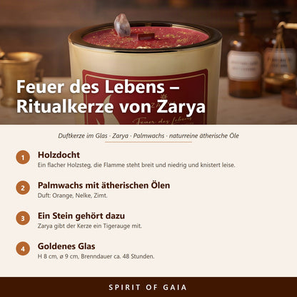 Übersicht zu Zarya Ritualkerze Feuer des Lebens: Holzdocht, Palmwachs mit ätherischen Ölen, Ein Stein gehört dazu, Goldenes Glas