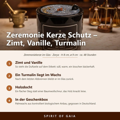 Infografik zur Zeremonie Kerze Schutz von Zarya: Duft Zimt und Vanille, Holzdocht, Turmalin im Wachs, Brenndauer und Maße