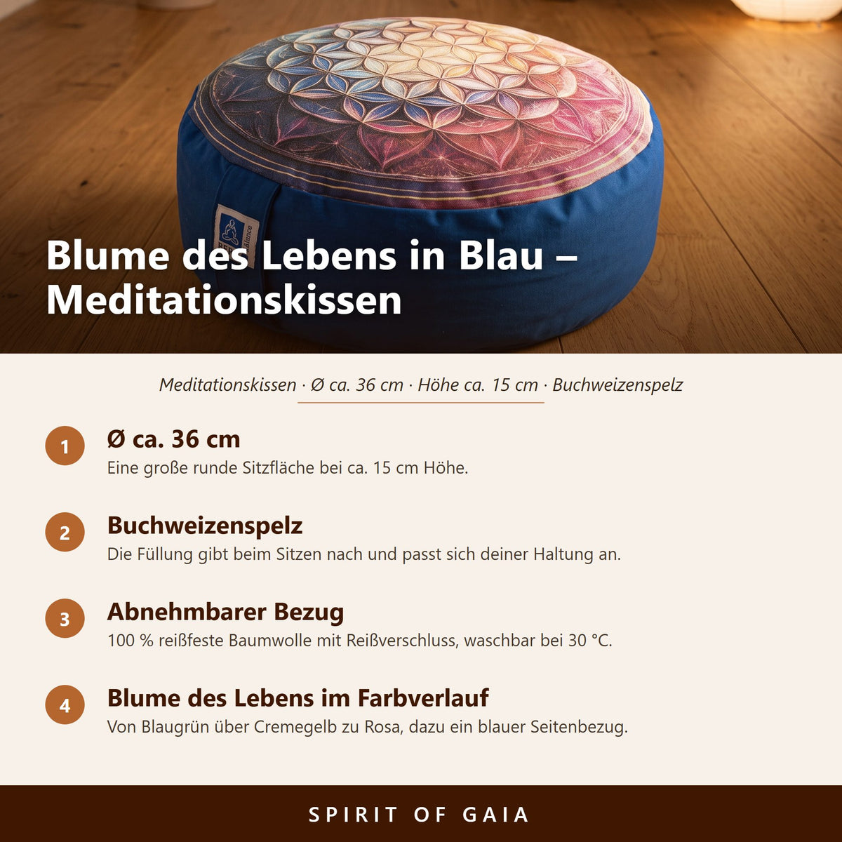Übersicht zum Meditationskissen Blume des Lebens in Blau: Ø ca. 36 cm, Buchweizenspelz, abnehmbarer Bezug, waschbar bei 30 °C
