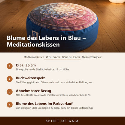 Übersicht zum Meditationskissen Blume des Lebens in Blau: Ø ca. 36 cm, Buchweizenspelz, abnehmbarer Bezug, waschbar bei 30 °C